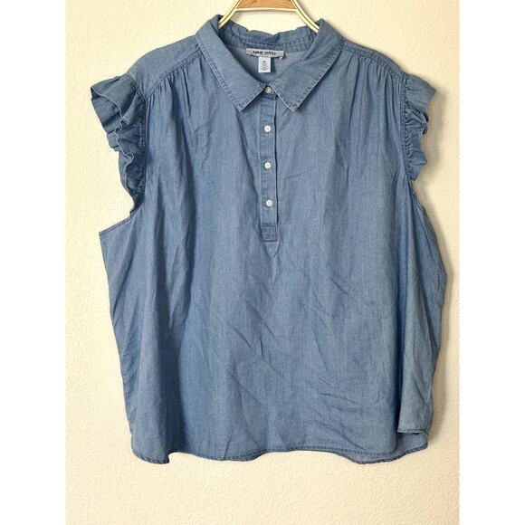 Nine West Jeans Women’s 2X Denim Button-Front Tank Top Ruffled Shoulders Blue - Picture 1 of 9